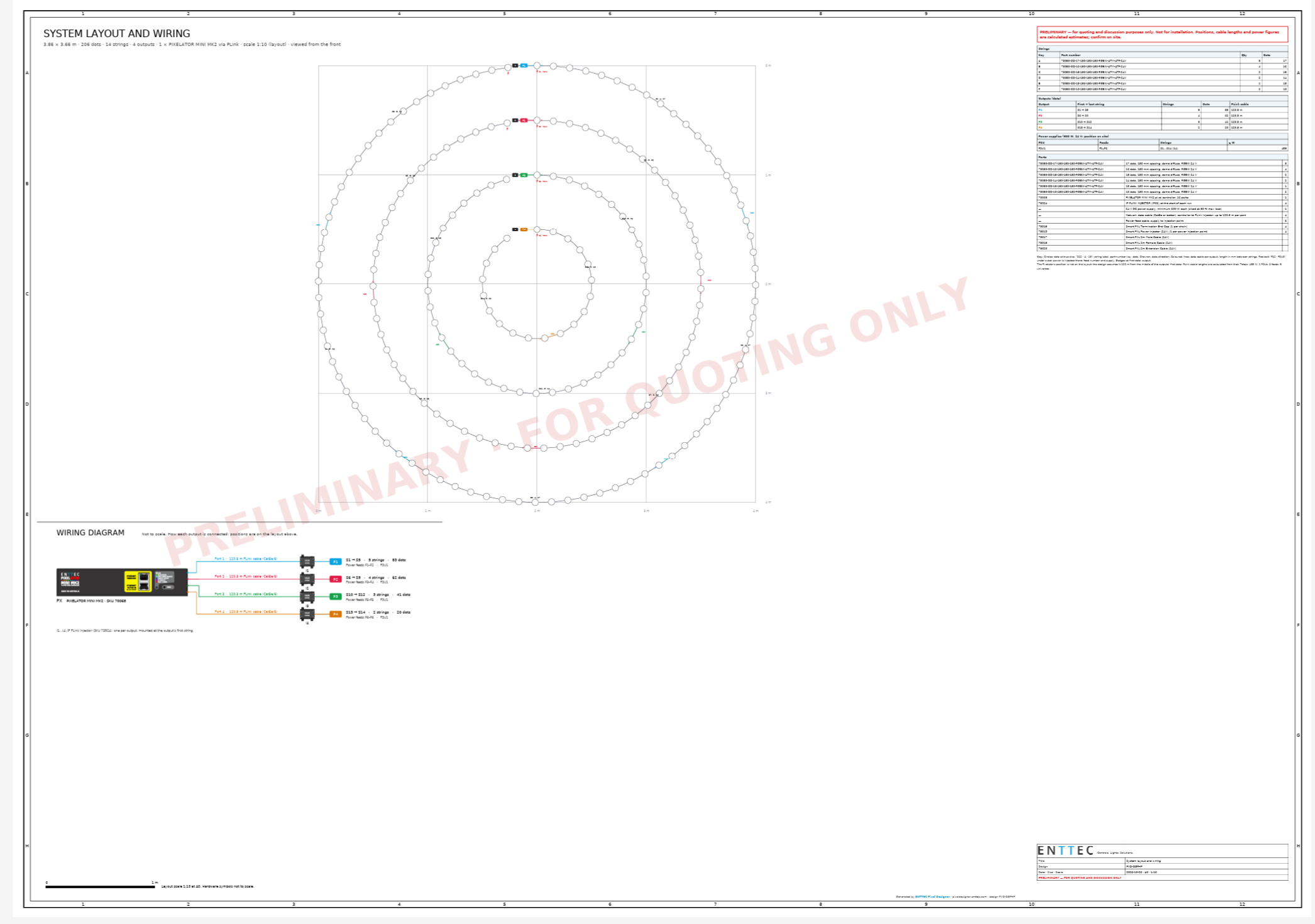 Pixel Designer wiring diagram and parts list for a concentric-rings layout with 256 dots and 14 strings, marked preliminary for quoting